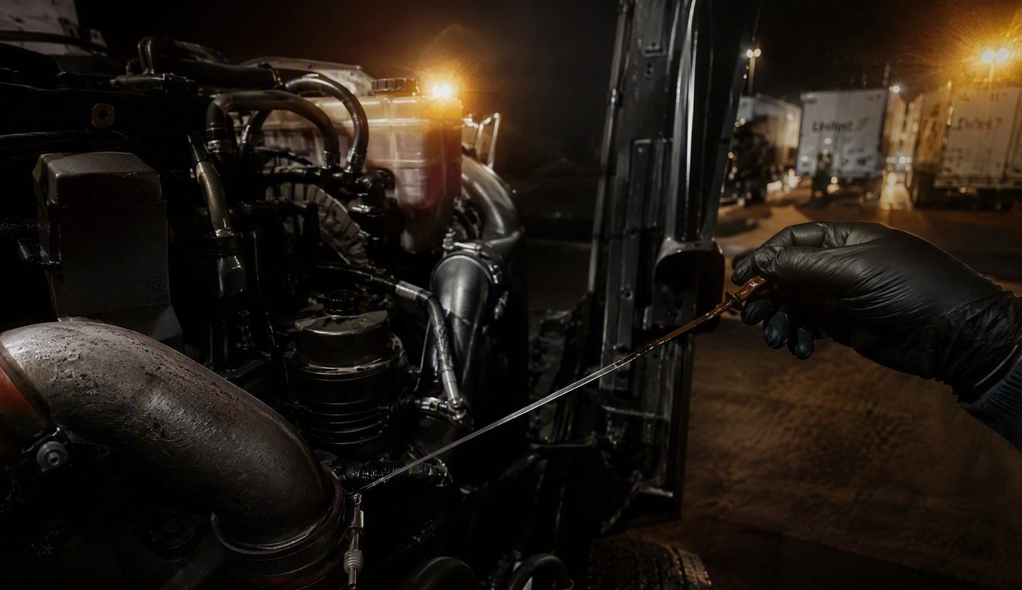 Mechanic pulling the oil dipstick on a Class 8 engine bay at night