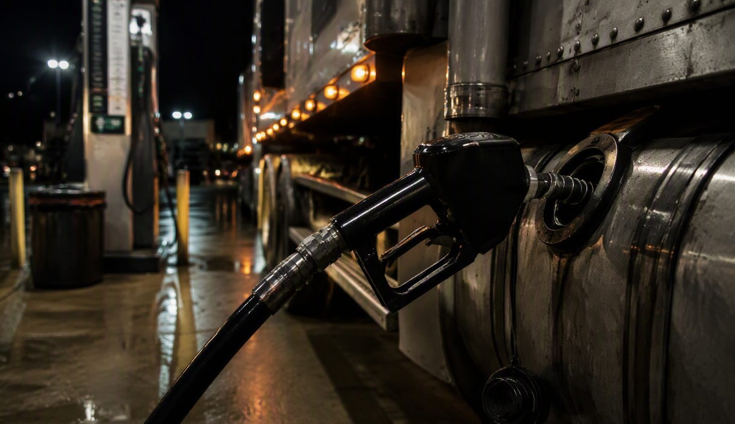 Diesel nozzle fueling a semi truck saddle tank at night