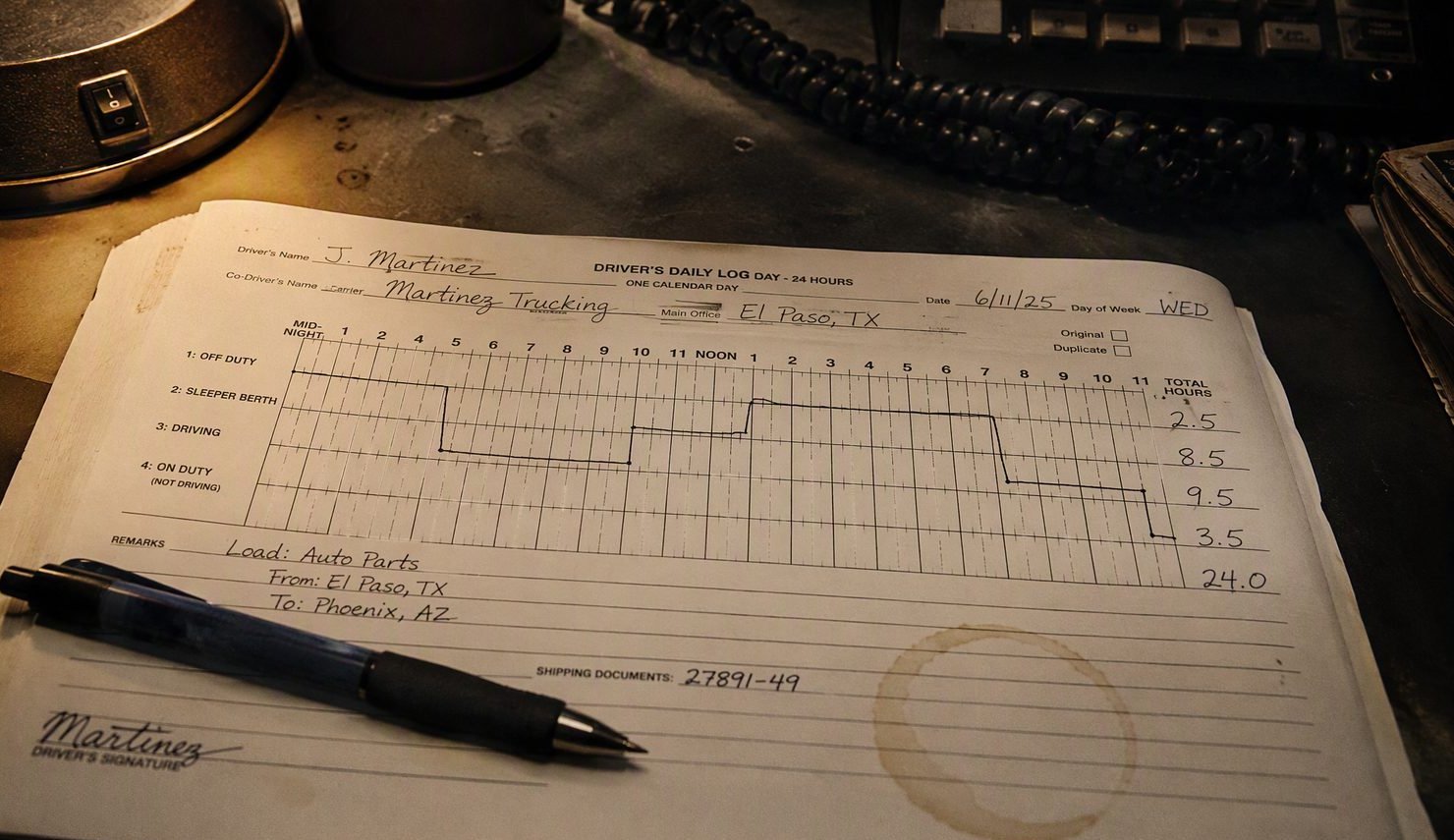 Paper driver logbook with hours of service grid on a dispatch desk