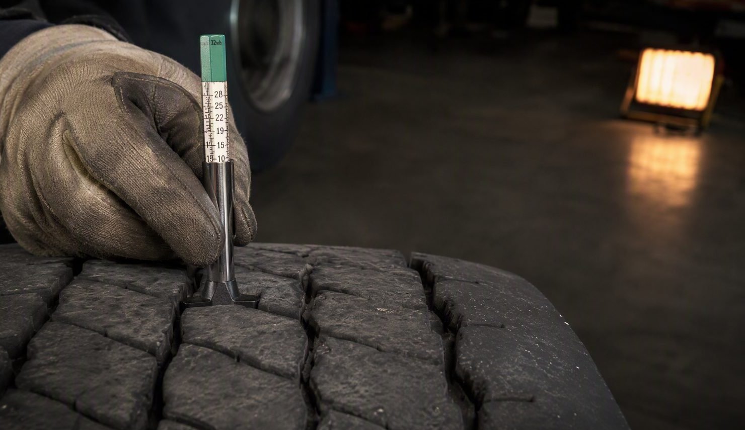 Tread depth gauge pressed into a steer axle tire